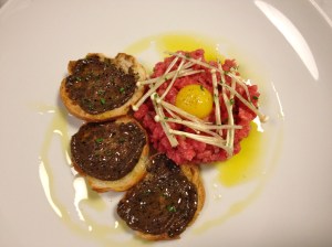 Carne Crudo with Enoki Mushrooms and Black Truffle Bruschetta